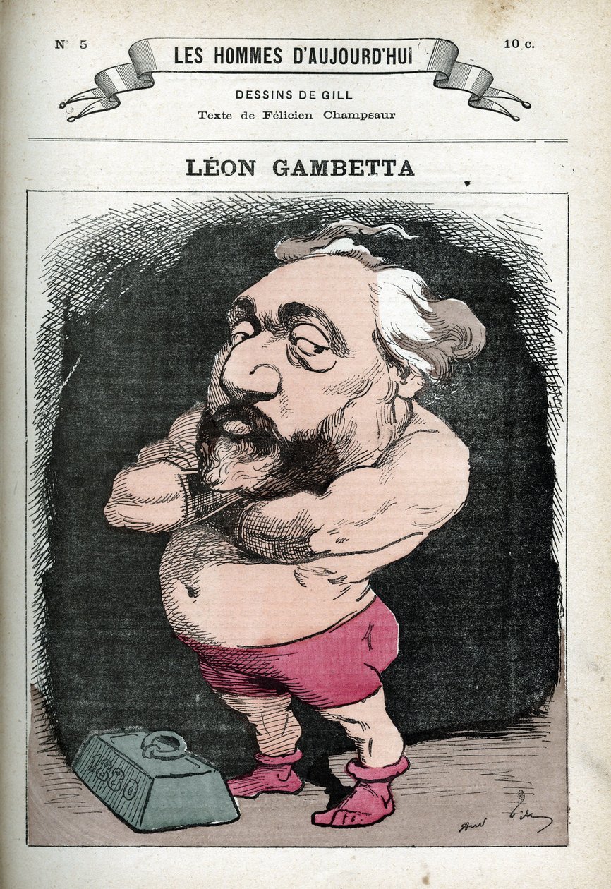 Leon Gambetta (1838-1882) francia politikus portréja. Gill karikatúrája, Párizs. alkotó: Andre Gill