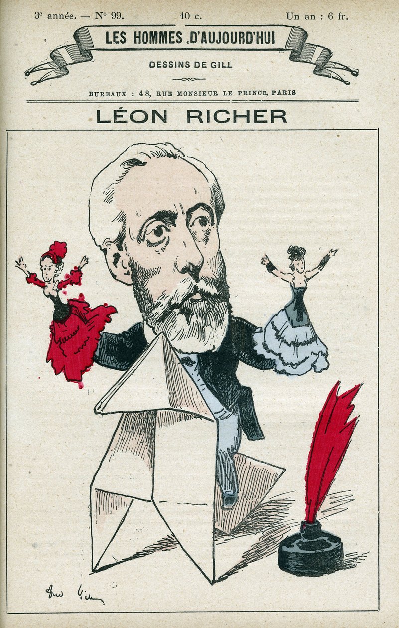 Leon Richer (1824-1911), francia újságíró és értelmiségi portréja, 1882-ben megalapította az Association pour le droit des femmes és a Ligue francaise pour le droit des femmes szervezetet. Gill rajzfilm, Párizs. alkotó: Andre Gill