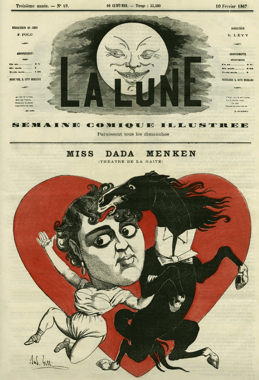 Miss Adah-Isaacs Menken, a párizsi Theatre de la Gaite énekesének portréja. Gill rajzfilmje a „The Moon” című filmben, február 10 alkotó: Andre Gill
