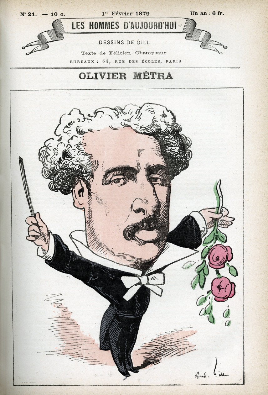 Olivier Metra (1830-1889) francia színész, népszerű zeneszerző portréja. Gill rajzfilmje a „Les Homme d