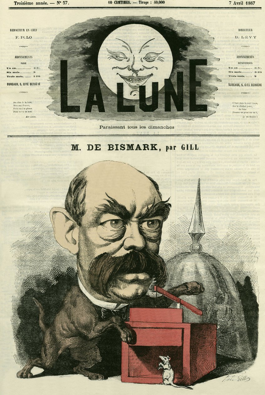 Otto von Bismarck (1815-1898), német kancellár portréja. Gill rajzfilmje a „The Moon” című filmben, április 7 alkotó: Andre Gill