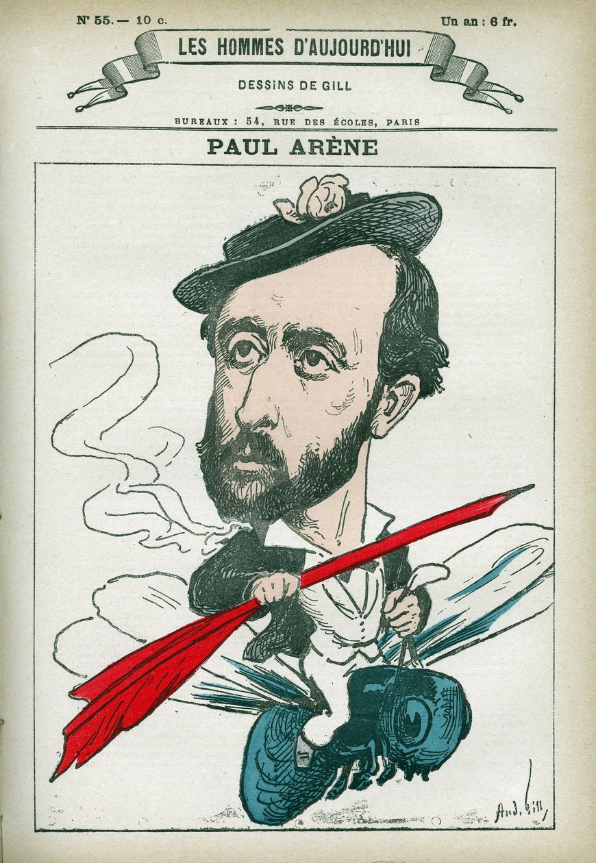 Paul Arene (1843-1896) francia költő és író portréja. Gill, Párizs rajzfilmje. alkotó: Andre Gill
