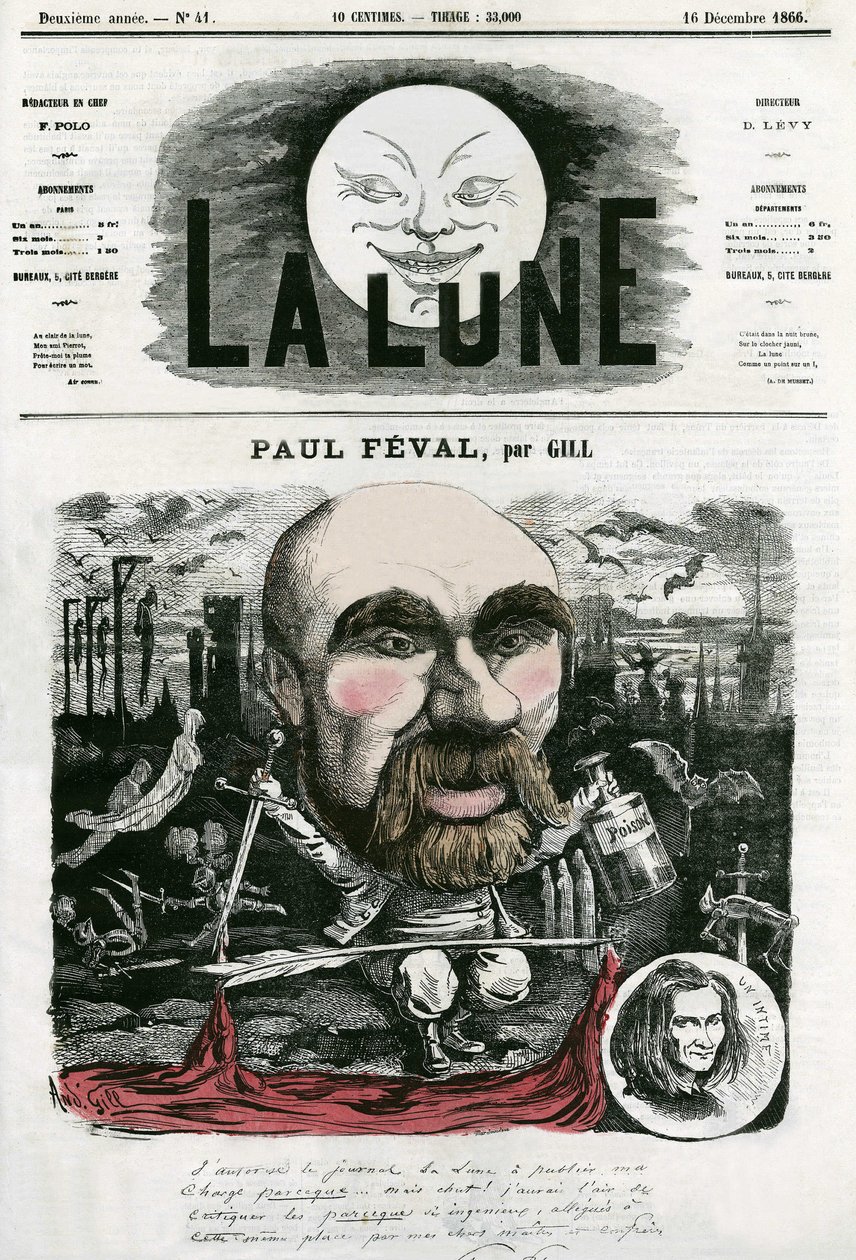 Paul Feval (1816-1887) francia író portréja. Gill rajzfilmje a „La Lune”-ban, december 16 alkotó: Andre Gill