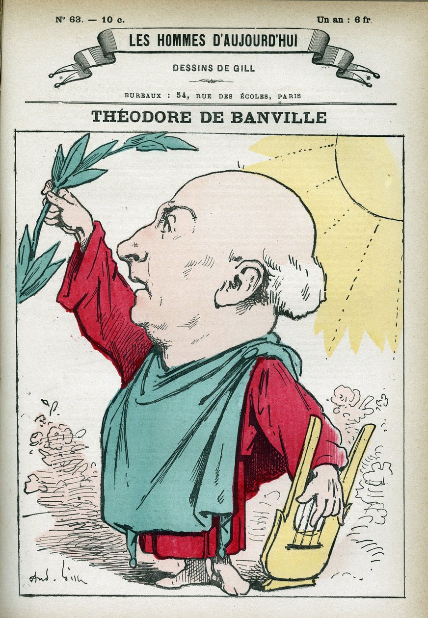 Theodore de Banville (1823-1891) francia költő, a parnassziánus iskola egyik vezetőjének portréja. Gill, Párizs rajzfilmje. alkotó: Andre Gill