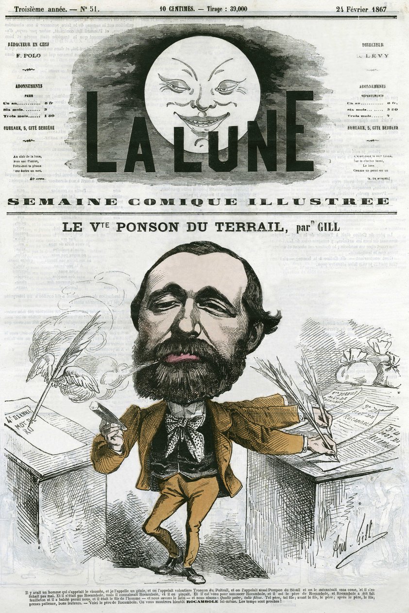 Viconte Ponson du Terrail (1829-1871) portréja, francia népszerű író, regény-szappanopera szerzője. Gill rajzfilmje a „The Moon” című filmben, február 24 alkotó: Andre Gill