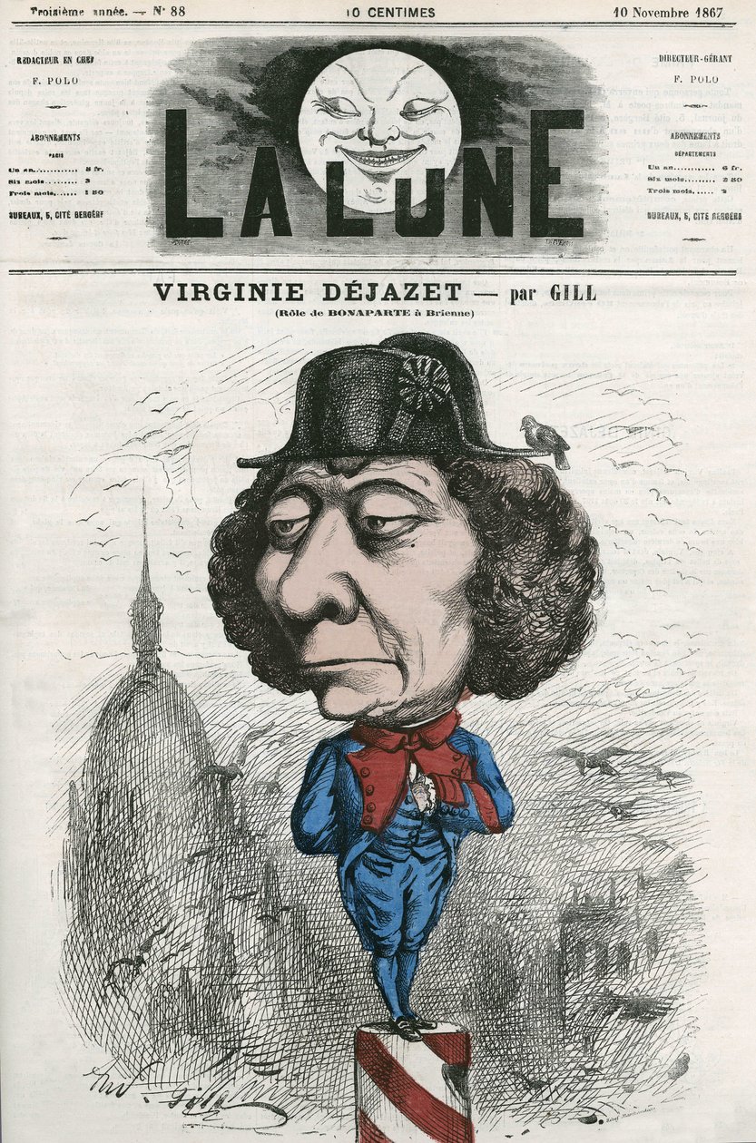 Virginie Dejazet (1798-1875), francia színésznő portréja Bonaparte szerepében. Gill rajzfilmje a „La Lune”-ban, november 10 alkotó: Andre Gill
