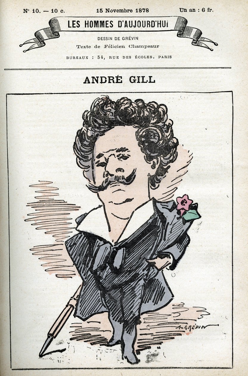 Andre Gill (1840-1885) francia karikaturista és illusztrátor önarcképe. Rajzfilm a „Mai férfiak” című filmben alkotó: Andre Gill