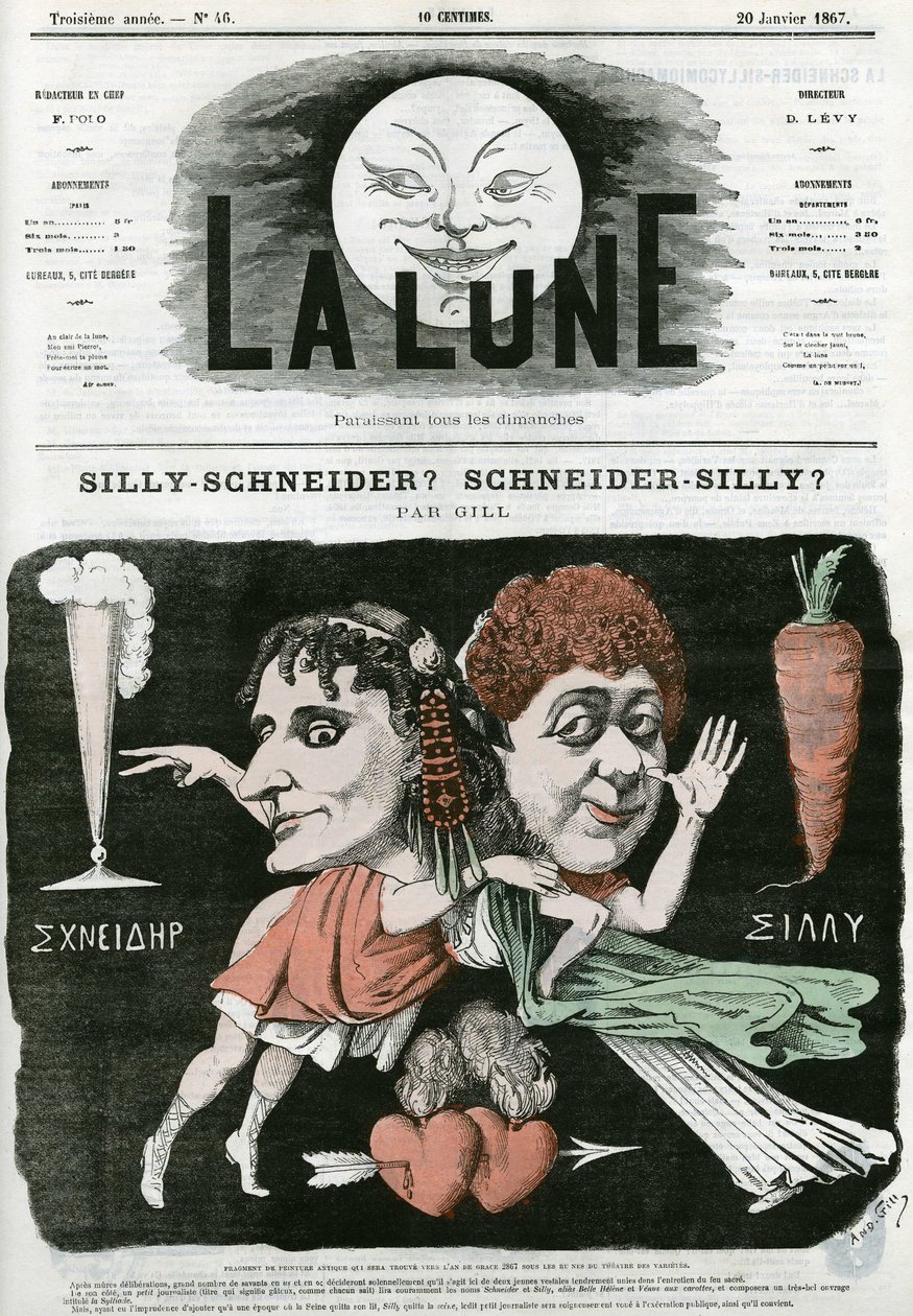 Hülye-Schneider? Scheiner-hülye? , ókori festmény töredékének karikatúrája. Gill rajzfilmje a „La Lune”-ban, január 20 alkotó: Andre Gill