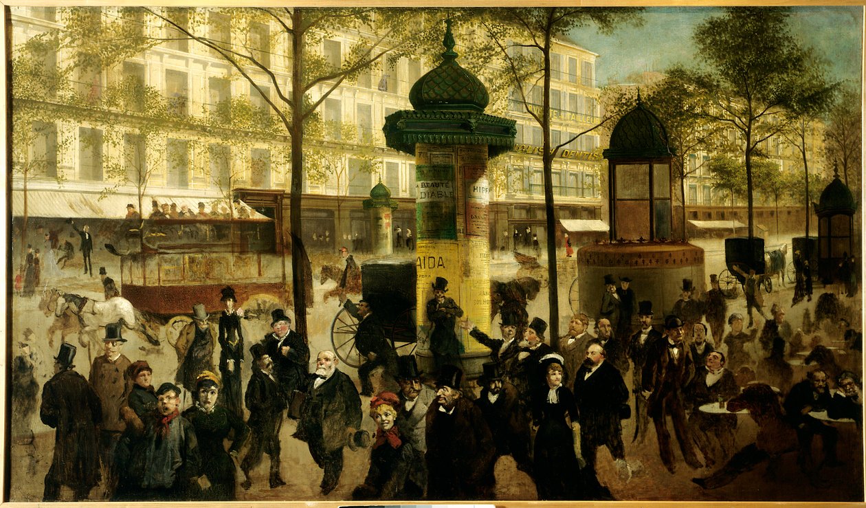 A Boulevard Montmartre panorámájának vázlata megeleveníti a kortárs párizsi személyiségeket alkotó: Andre Gill