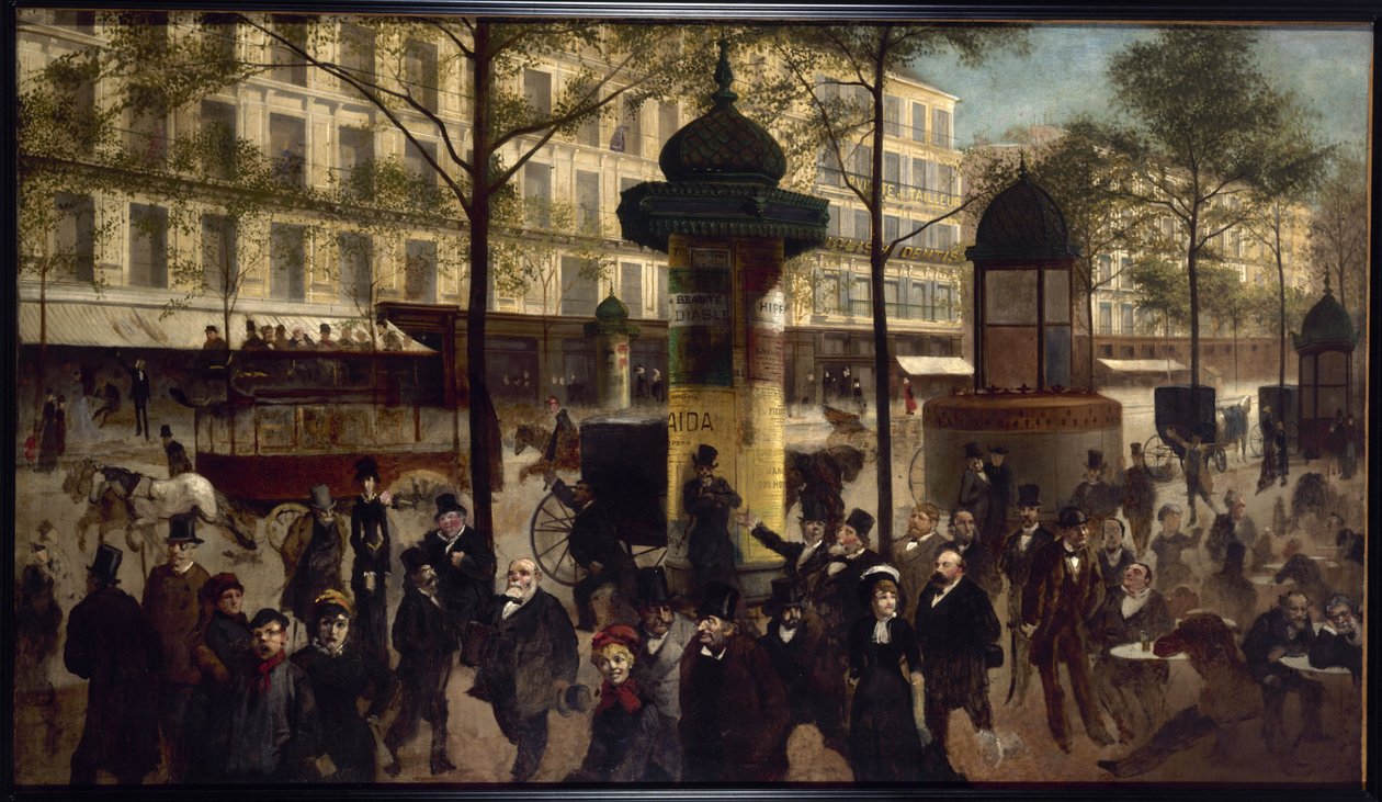 Vázlat a Montmartre sugárút panorámájához, korabeli párizsi személyiségekkel, 1880 körül (olaj, vászon) alkotó: Andre Gill