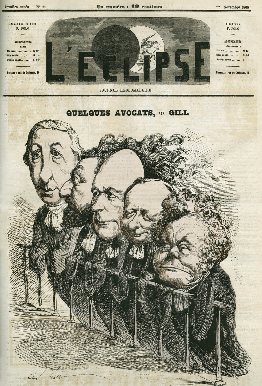 Néhány ügyvéd, Emmanuel Arago (1812-1896), Leon Gambetta (1838-1882), Jules Grevy (1807-1891), Laurier és Adolphe Cremieux (1796-1880). Borító a Gill „” L