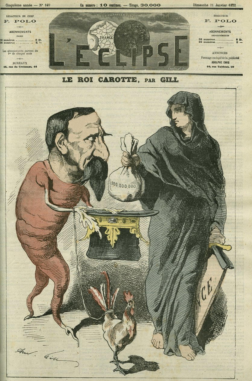 A sárgarépakirály, III. Napóleon (1808-1873), a köztársasági elnök és a franciák császára a Sedan 1870-es vereségéig. Címlap: Gill „” L