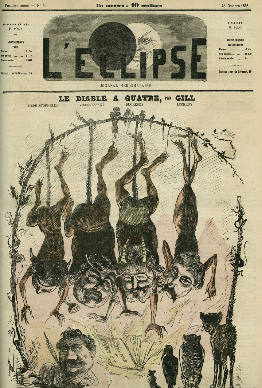 Az ördögnek négy politikai füzete van, amelyeket Mephistopheles (Mephisto) alias Wolff, Villemessant, Duchesne, Lockroy és karikaturistája, Benassit alakított át. Borító a Gill „” L