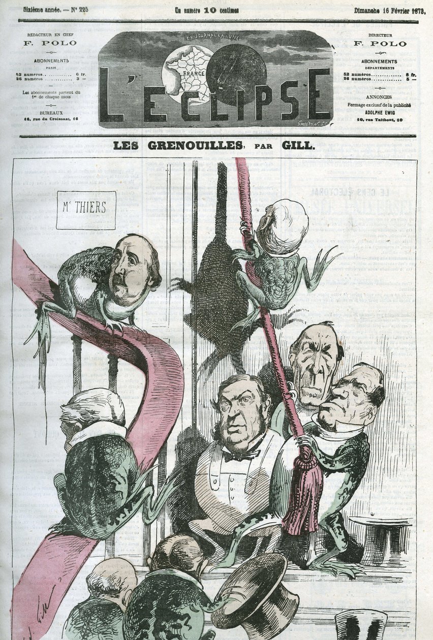 A békák, egy karikatúra Thiers elnök kormányának politikusairól békában. Borító a Gill „” L