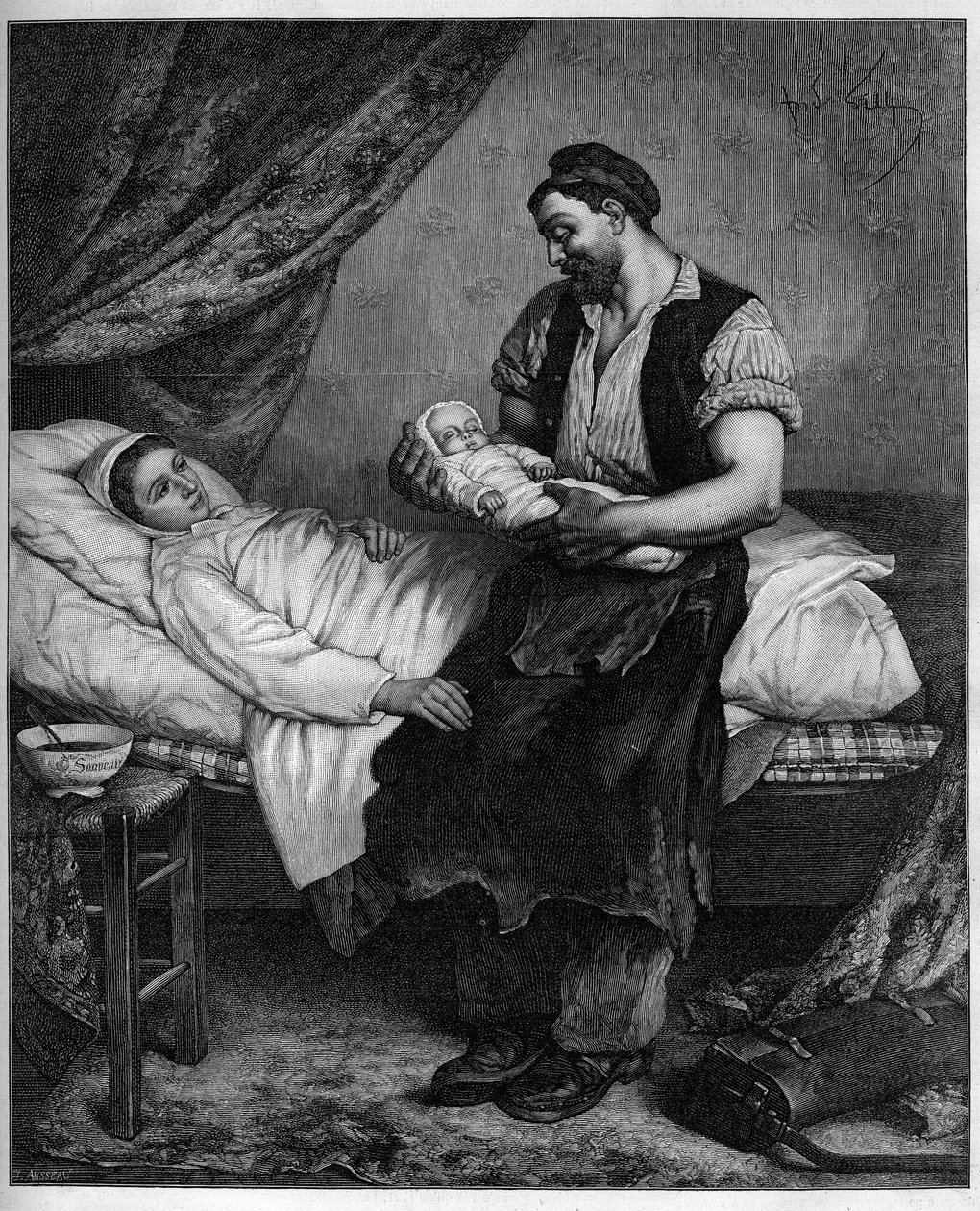 Az új (újszülött). Metszet Andre Gill (1840-1885) festménye után a „The Illustrous World”” 1283. számában, október 29-én alkotó: Andre Gill