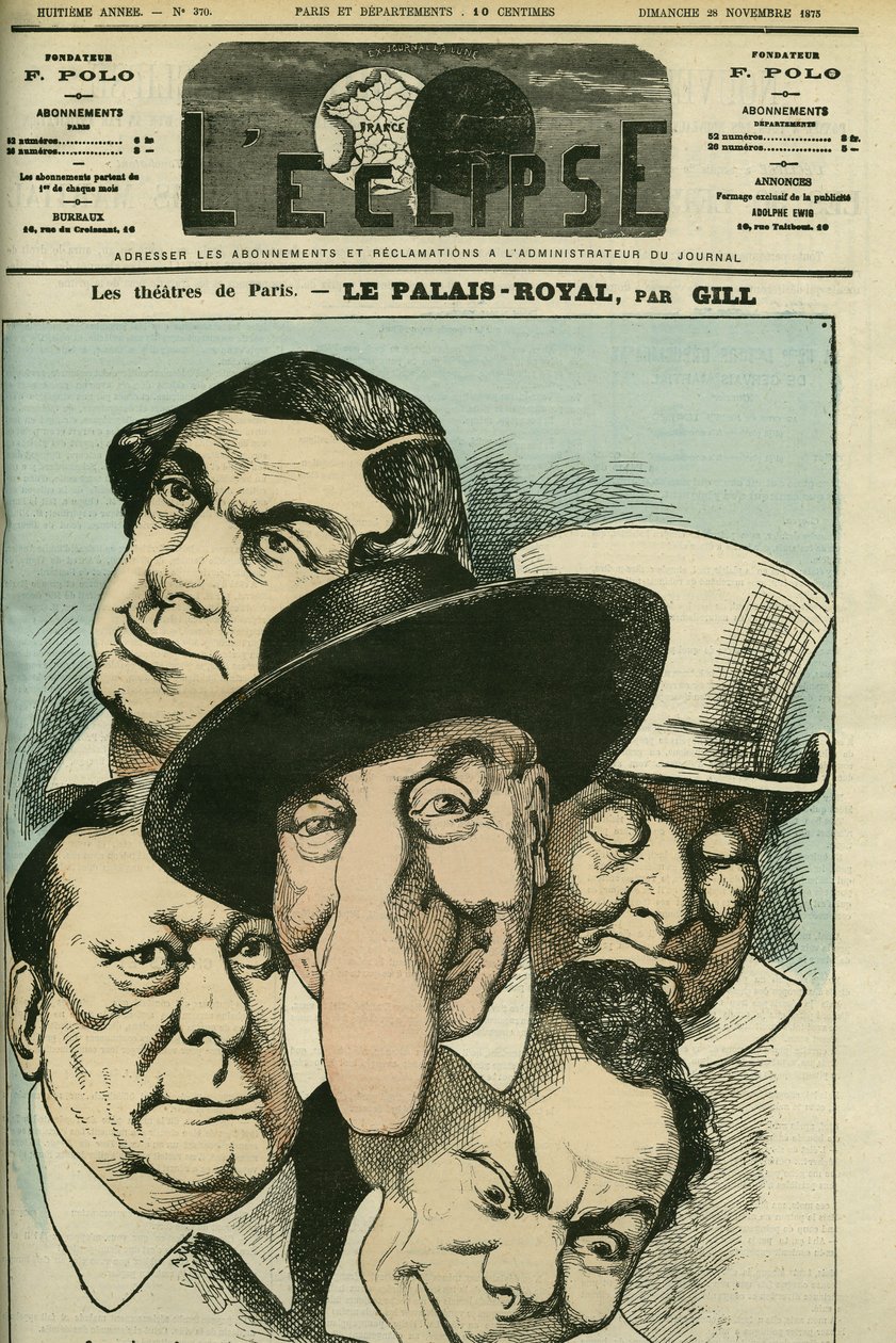 A „Le Palais royal” színház Geoffroy, Jules Brasseur (1829-1890), Hyacinthe, Lassouche és Lheritier francia színészekkel. Címlap: Gill: „” L