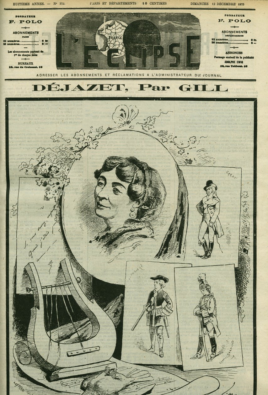 Virginie Dejazet (1797-1875) opera-komikus énekesnő tisztelgése és portréja. Borító a Gill „” L