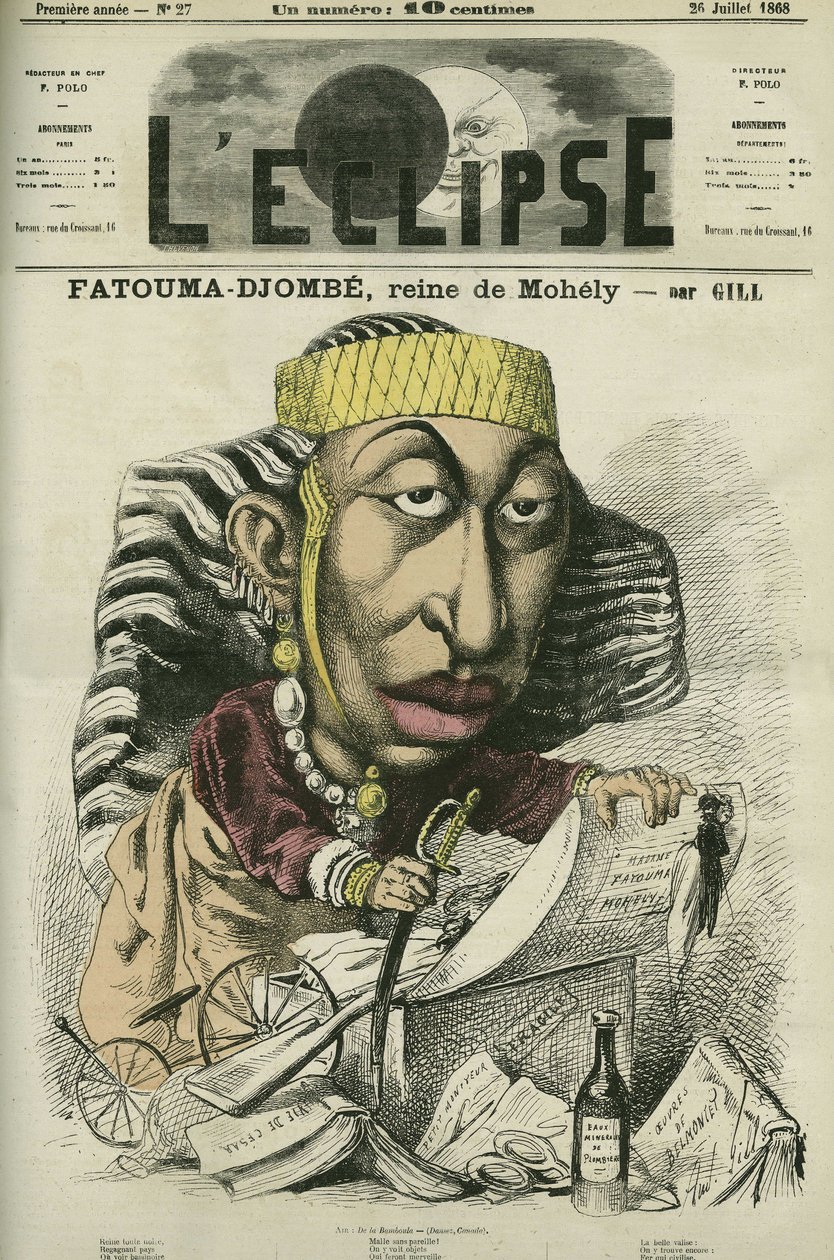 Zombe-Fatoum (Zombe-Fatoum) (1836-1878), Moheli királynője a Comore-szigeteken, Franciaországba látogat -Fatimában. Borító a „The Eclipse”-ben, Gill, július alkotó: Andre Gill