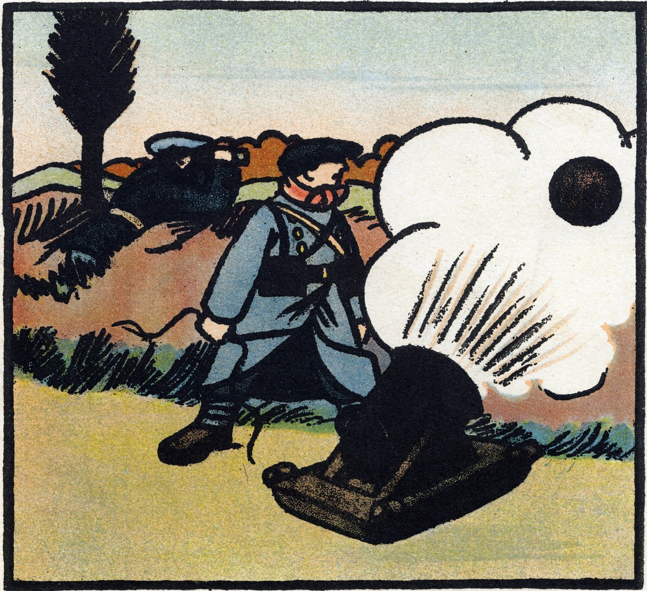 Első világháború 1914-1918 (14-18): Bombakilövő. Egy francia katona ágyúval bombákat küld az ellenségre. Metszet a "Nagy háború ábécéje 1914-1916 (katonáink gyermekei számára)" című kötetben. Editions Berger-Levrault alkotó: Andre Helle