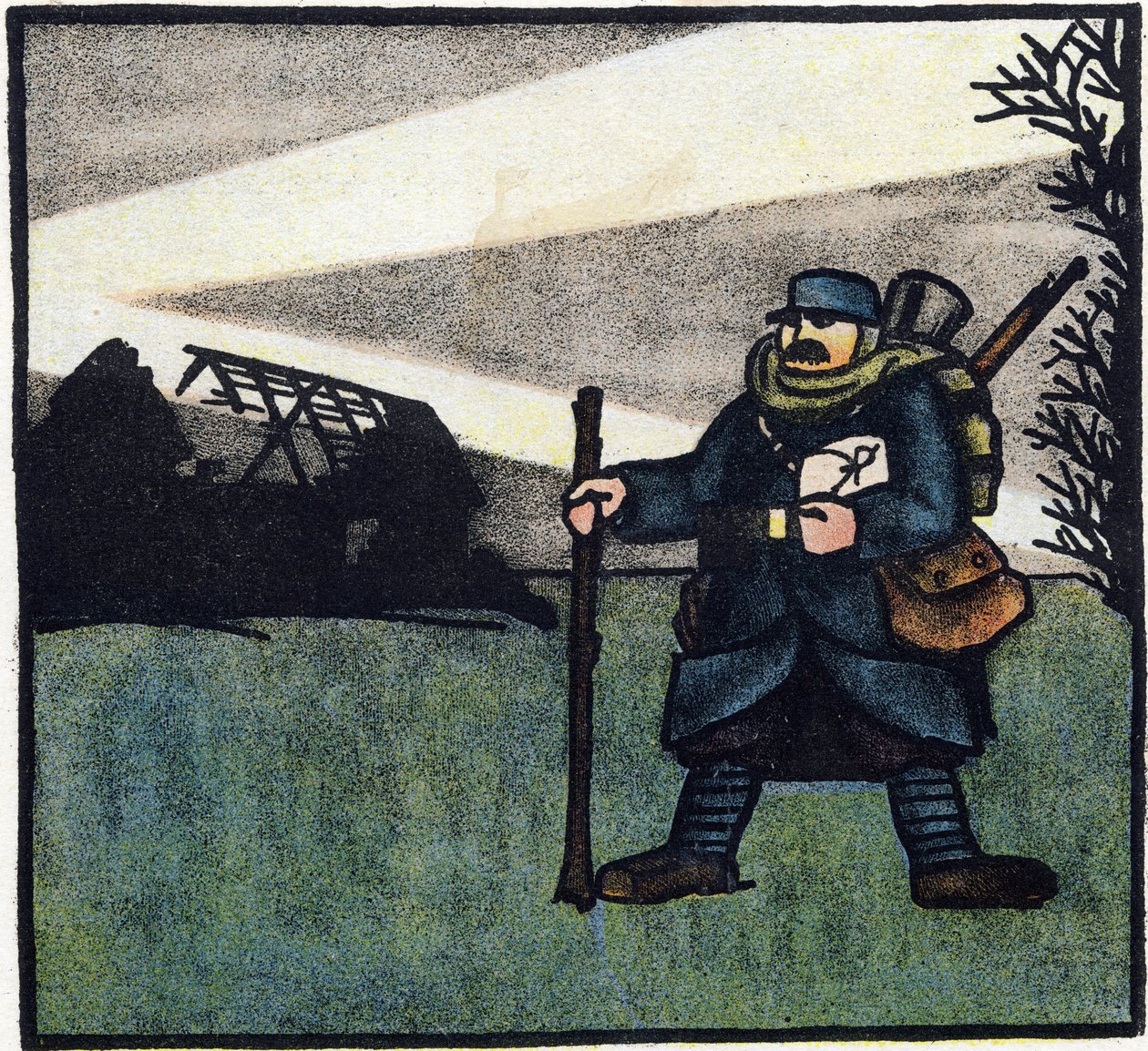Első világháború 1914-1918 (14-18): Szőrös. A francia hadsereg katonájának portréja katonai egyenruhában, hátizsákkal, táskával és puskával. Metszet a "Nagy Háború ábécéje 1914-1916 (katonáink gyermekei számára)" című kötetben. Editions Berger-Levrault alkotó: Andre Helle