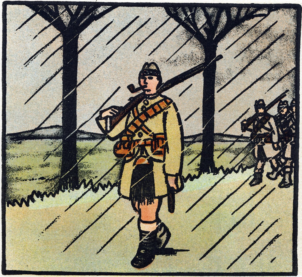Első világháború 1914-1918 (14-18): Highlander. A skót katonák a francia hadsereg segítségére érkeztek. Katonai egyenruhájuk egy kiltből áll. Metszet a "Nagy háború ábécéje 1914-1916 (katonáink gyermekei számára)" című kötetben. Editions Berger-L alkotó: Andre Helle