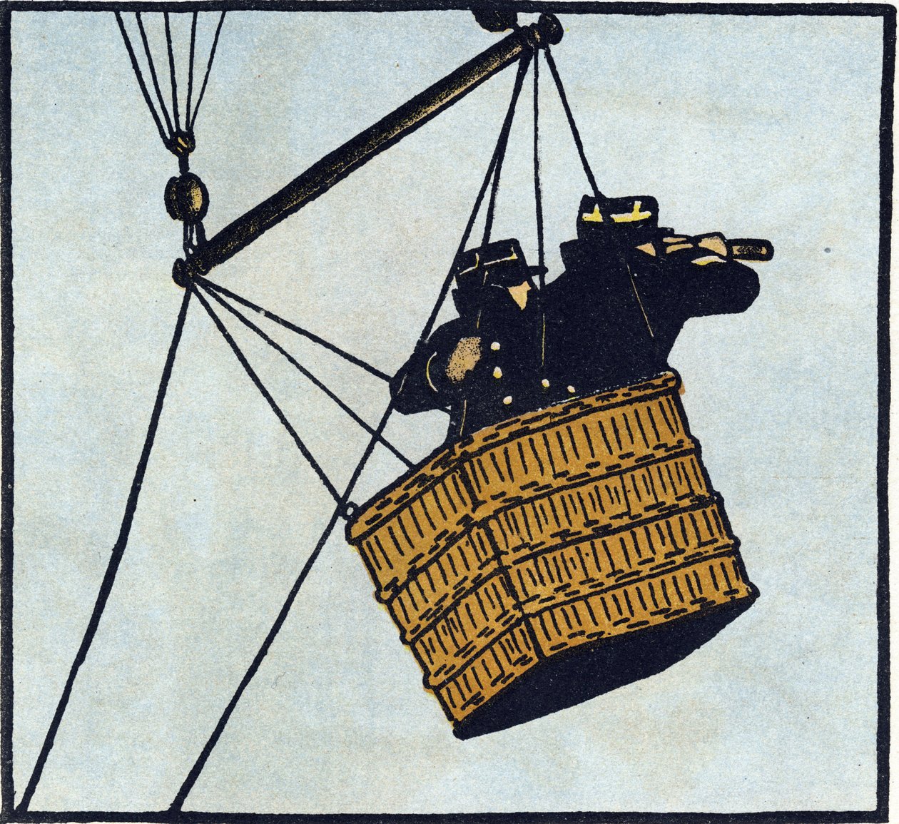 Első világháború 1914-1918 (14-18): A francia hadsereg megfigyelői (megfigyelőállás) egy fogságban lévő léghajóban próbálják kiszúrni az ellenséget. Metszet a "Nagy háború ábécéje 1914-1916 (katonáink gyermekei számára)" című kötetben. Editions Berger-Levr alkotó: Andre Helle