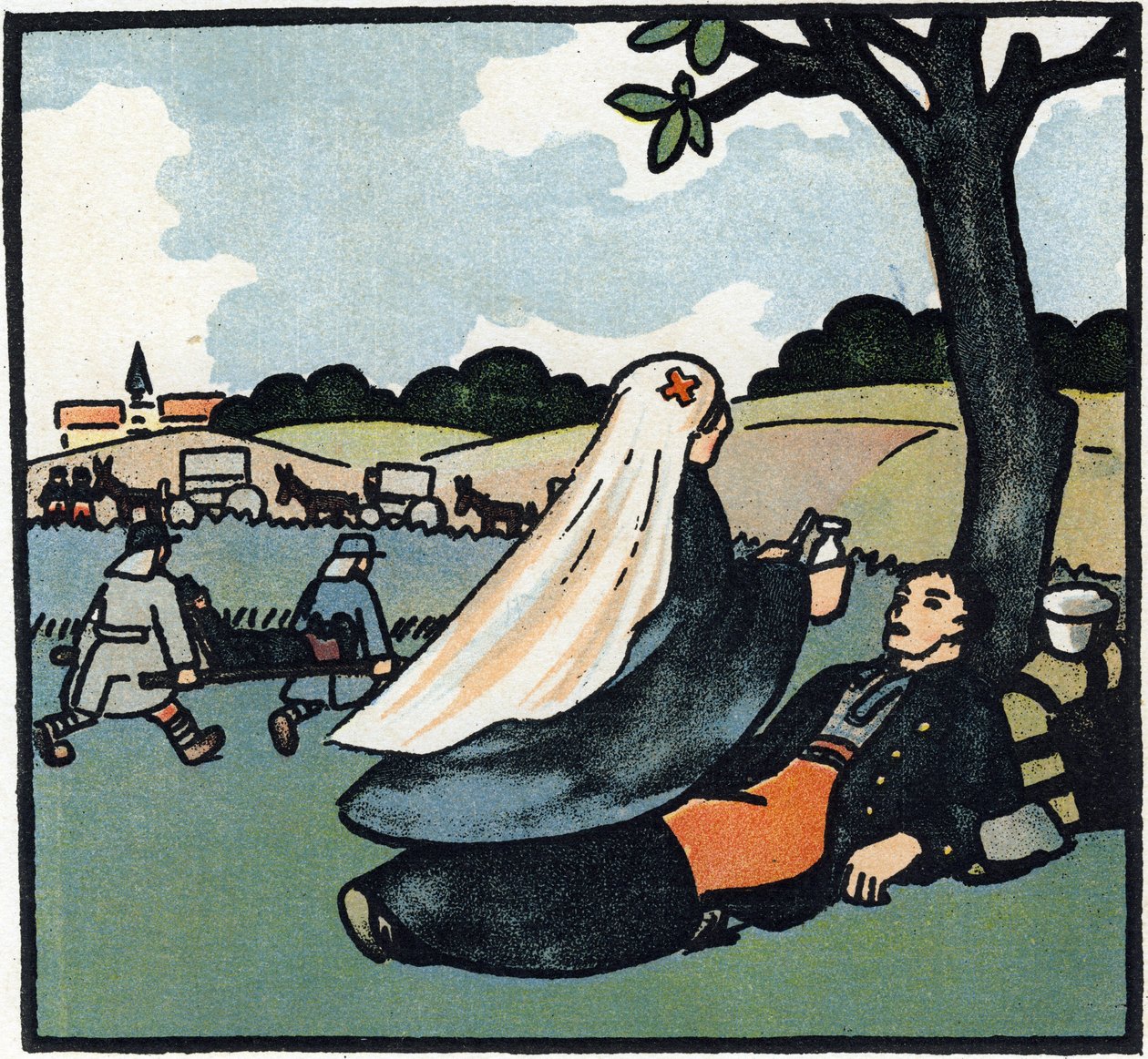 Első világháború 1914-1918 (14-18): Vöröskeresztes ápolónő, aki a harcterekre is eljut a katonák ápolására. Metszet a "Nagy háború ábécéje 1914-1916 (katonáink gyermekei számára)" című kötetben. Editions Berger-Levrault alkotó: Andre Helle