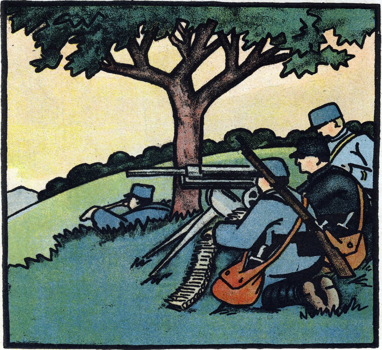 Első világháború 1914-1918 (14-18): A francia hadsereg katonái géppuskát használnak a csatatéren. Metszet a "Nagy háború ábécéje 1914-1916 (katonáink gyermekei számára)" című kötetben. Editions Berger-Levrault alkotó: Andre Helle