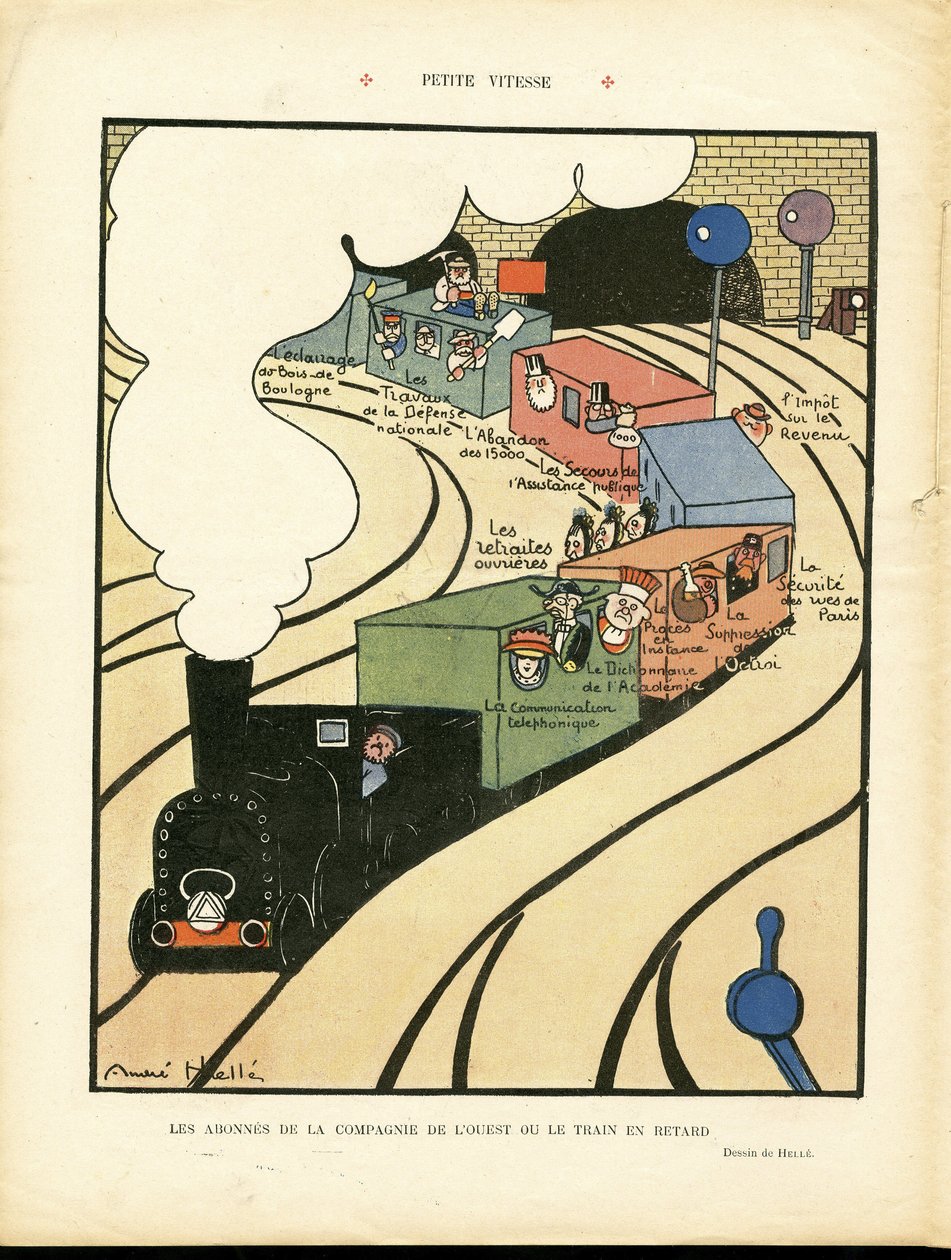 Andre Helle (1875-1945) illusztrációja a Le Rire, 25/01/08 - Kis sebesség - Közlekedés, közlekedés, vonat Vasút Vasút, Nyugati Társaság alkotó: Andre Helle