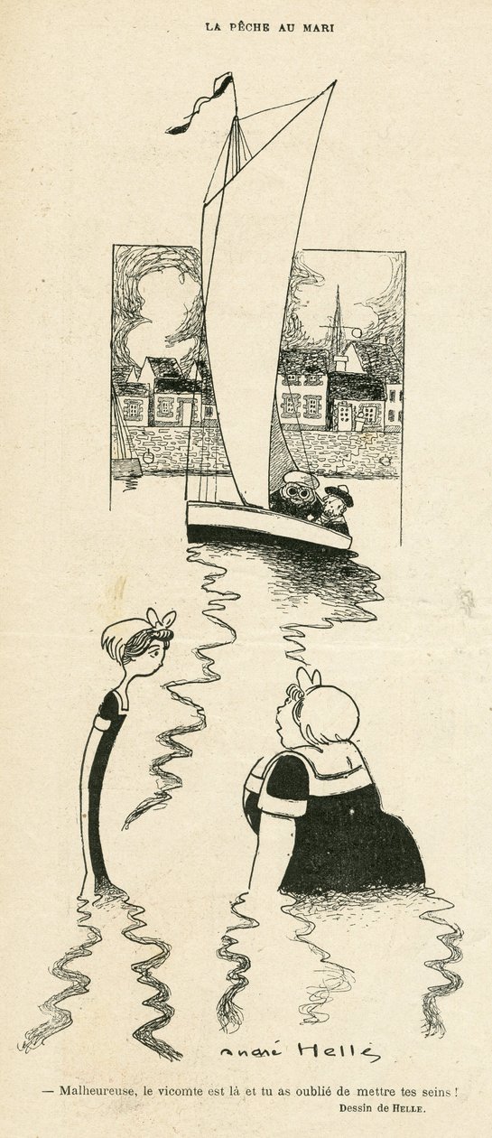 Andre Helle (1875-1945) illusztrációja a Le Rire, 03/09/10 - La peche au Mari - Szabadidő, szerelem, tengerészet, tengerpart, tengerpart, tengerpart, tengerészet, jachtozás alkotó: Andre Helle