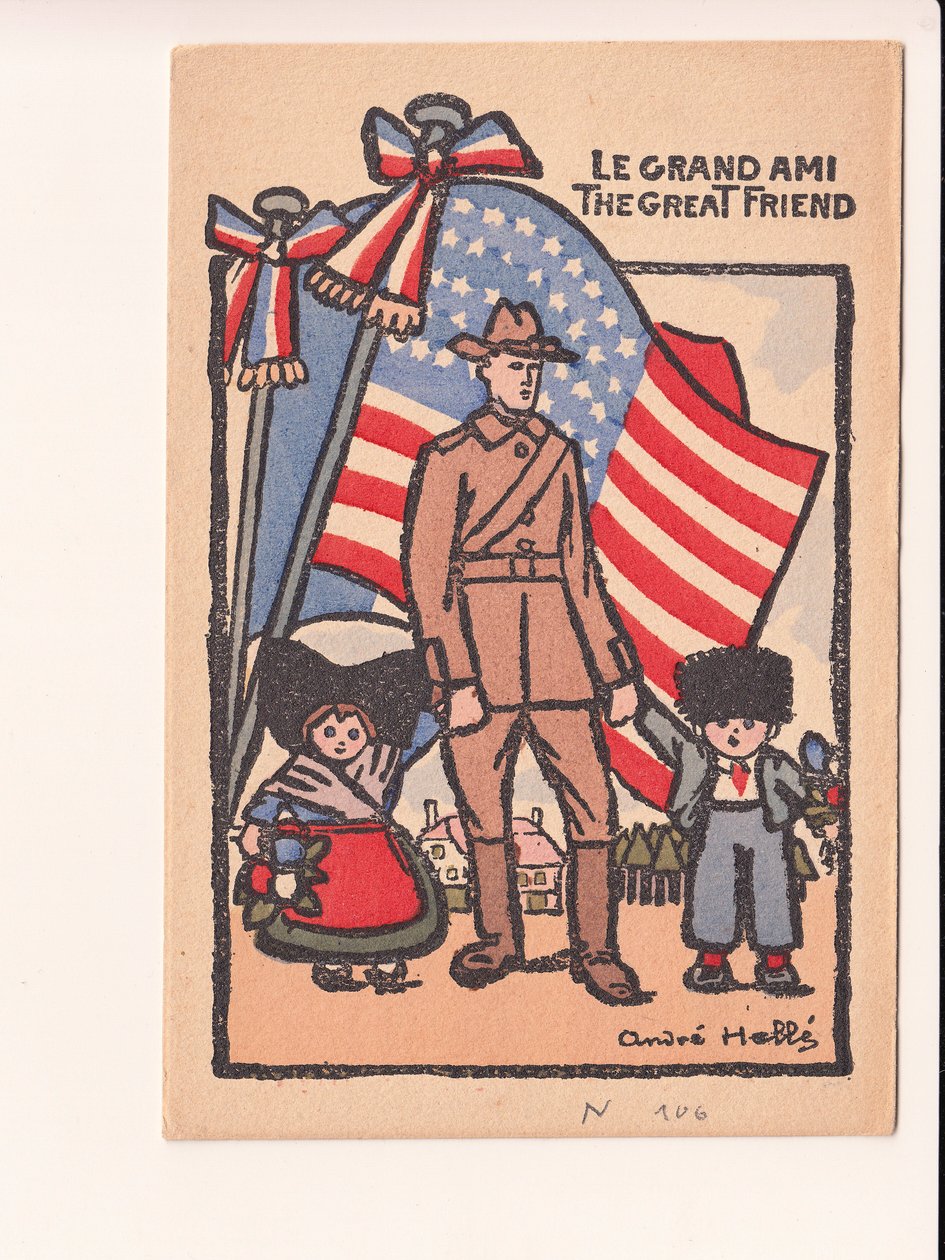 Képeslap, szatirikus színekben: 18-as háború, Amerika, Elzász-Lotaringia Illusztráció: Andre Helle (1875-1945) alkotó: Andre Helle