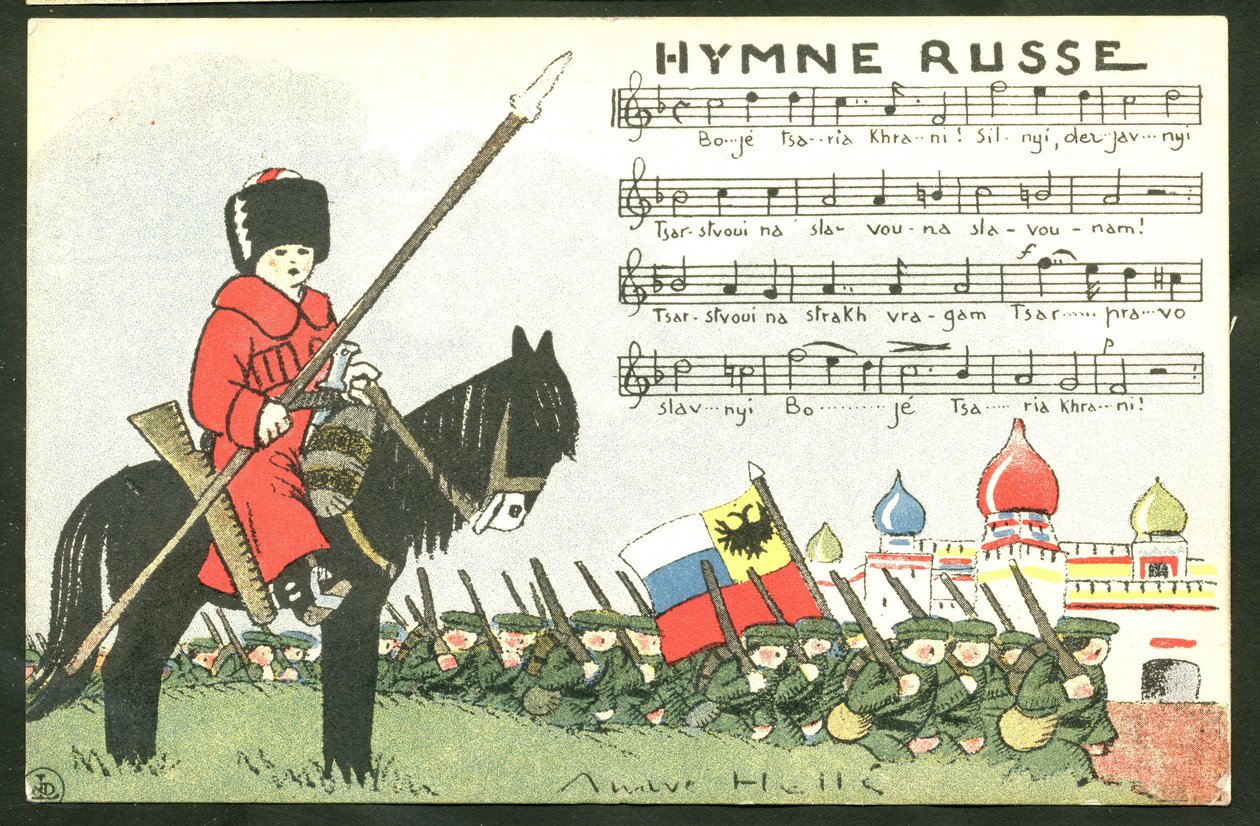Képeslap, szatirikus színekben: Helle Andre (1875-1945) illusztrációja: Orosz himnusz - 14-18-as háború, Oroszország, éneklő katonák. alkotó: Andre Helle