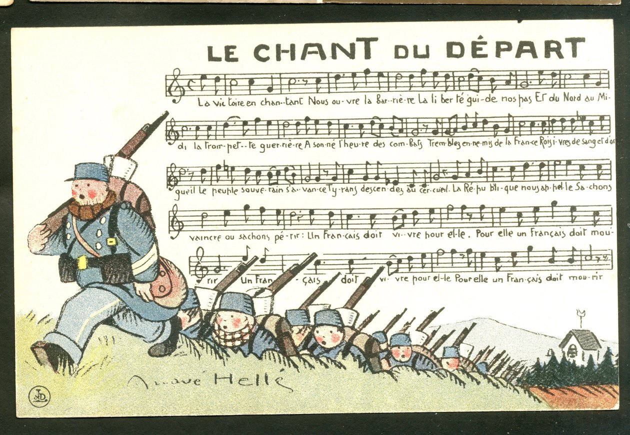 Képeslap, szatirikus színekben: Helle André (1875-1945) illusztrációja: Századok éneke - 14-18-as háború, ének - katonák alkotó: Andre Helle