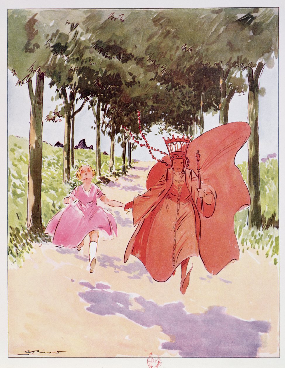 Alice és a Vörös Királynő, illusztráció Lewis Carroll „Alice Csodaországban” című művéből, kiadó: Editions Delagrave, Párizs alkotó: Andre Pecoud
