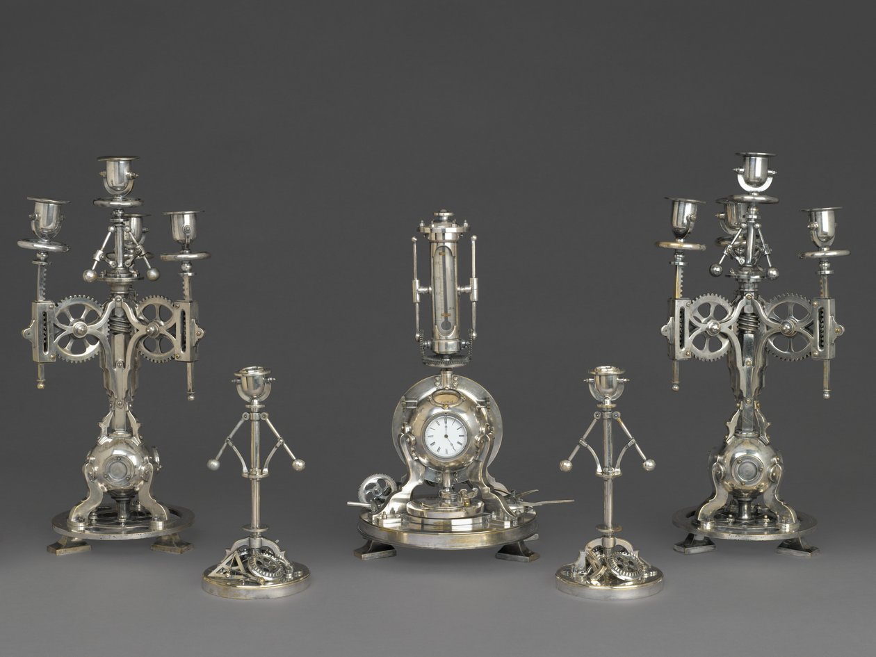 Óra, egy ötrészes óragarnitúra része, 1880 körül (ezüstös bronz, üveg, papír) alkotó: Andre Romain Guilmet