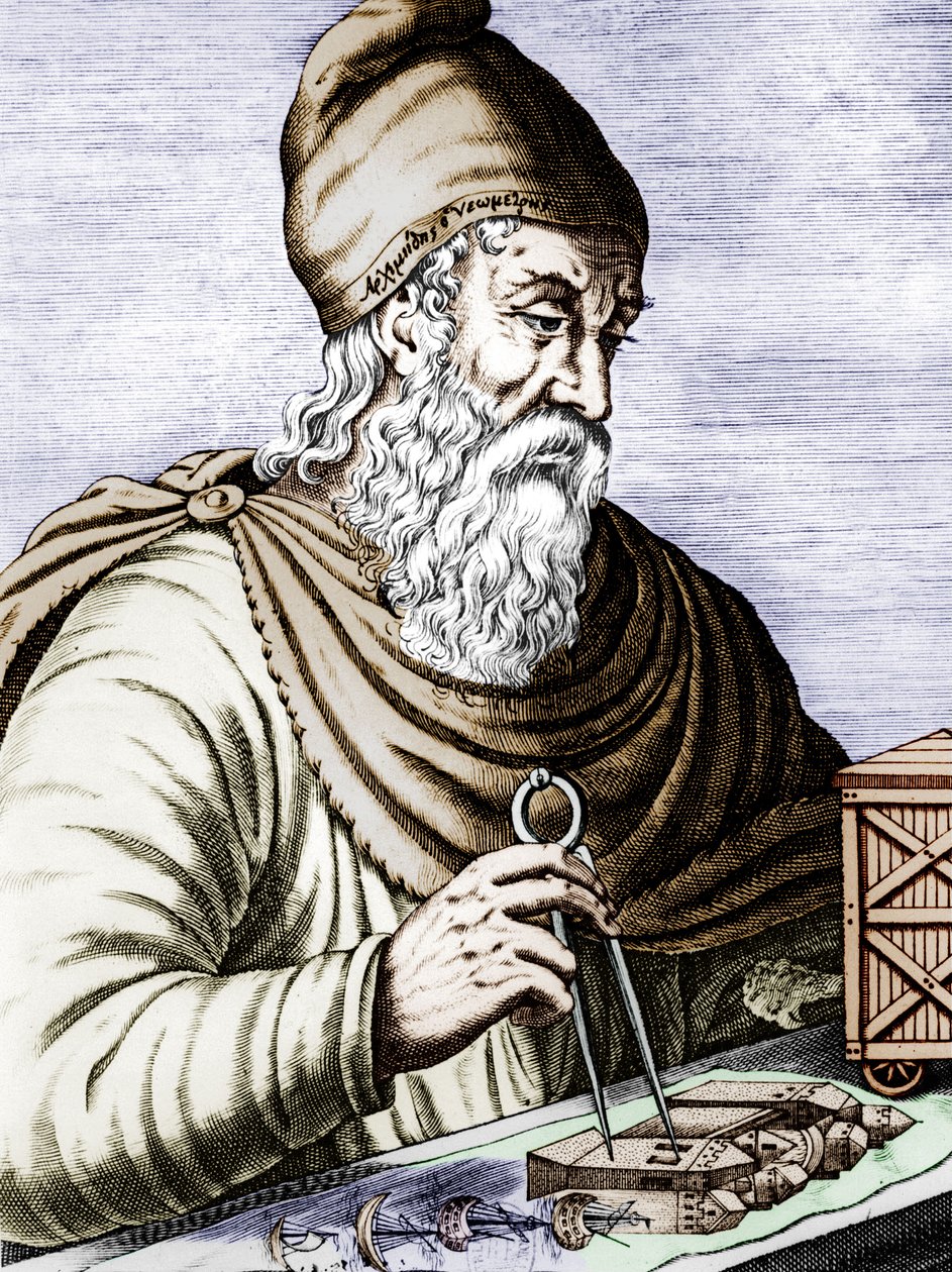 Archimede (287-212 avJC), görög szicíliai fizikus és matematikus, színes dokumentumot metszett alkotó: Andre Thevet