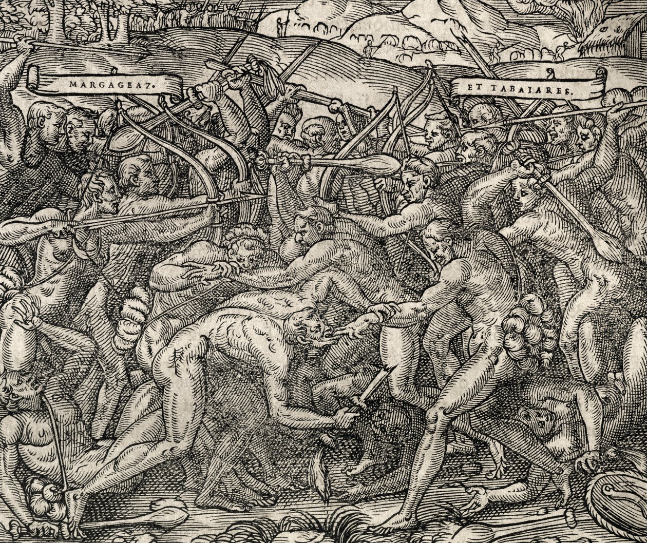 Harc Margageaz és Tabajares törzsek között, metszet az egyetemes kozmológiából, Andre Thevet (1504-1592) alkotó: Andre Thevet