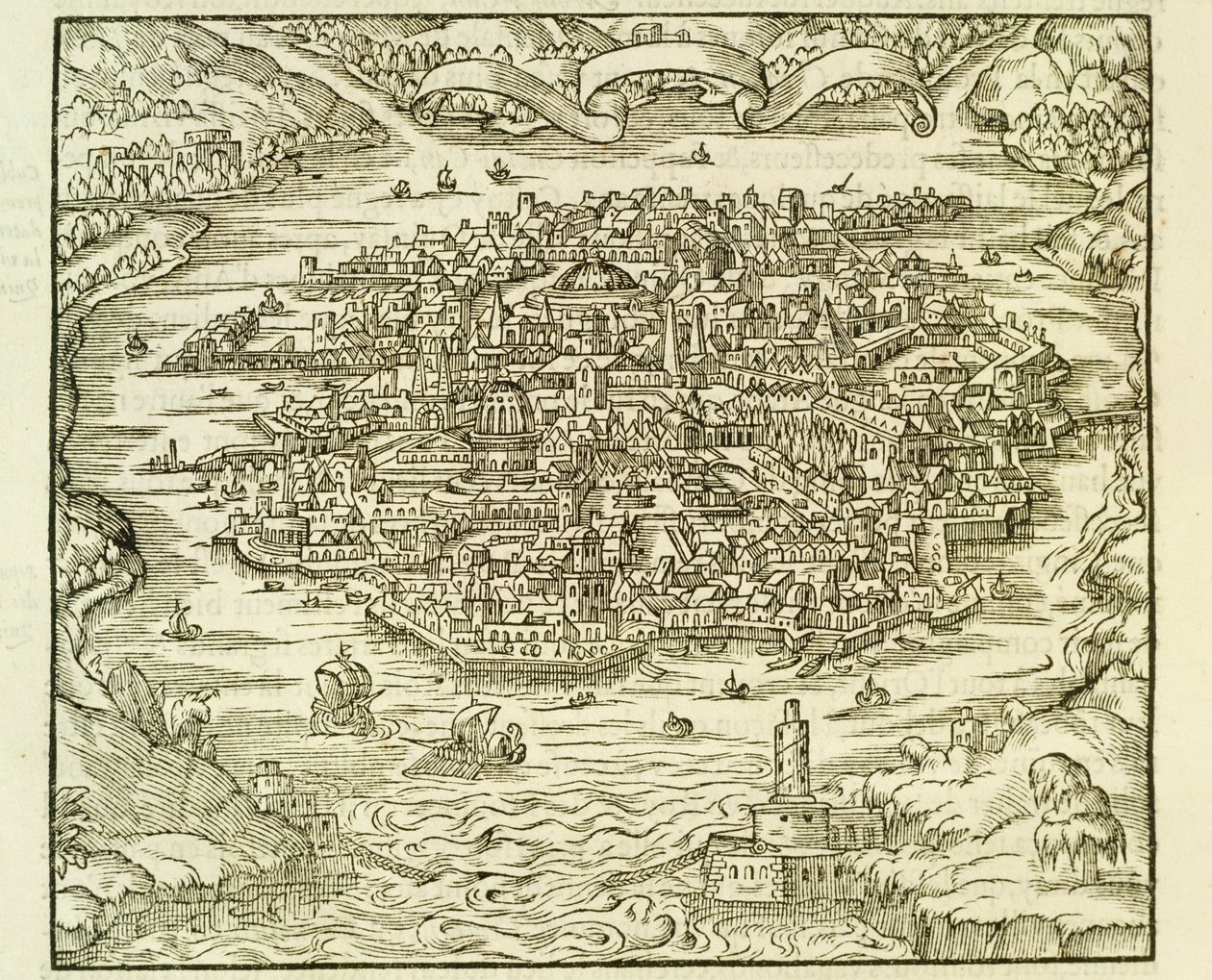 Quinsai (ma Tianjin) városa, metszet Andre Thevet La Cosmographie Universelle (Egyetemes kozmográfia) című művéből. alkotó: Andre Thevet