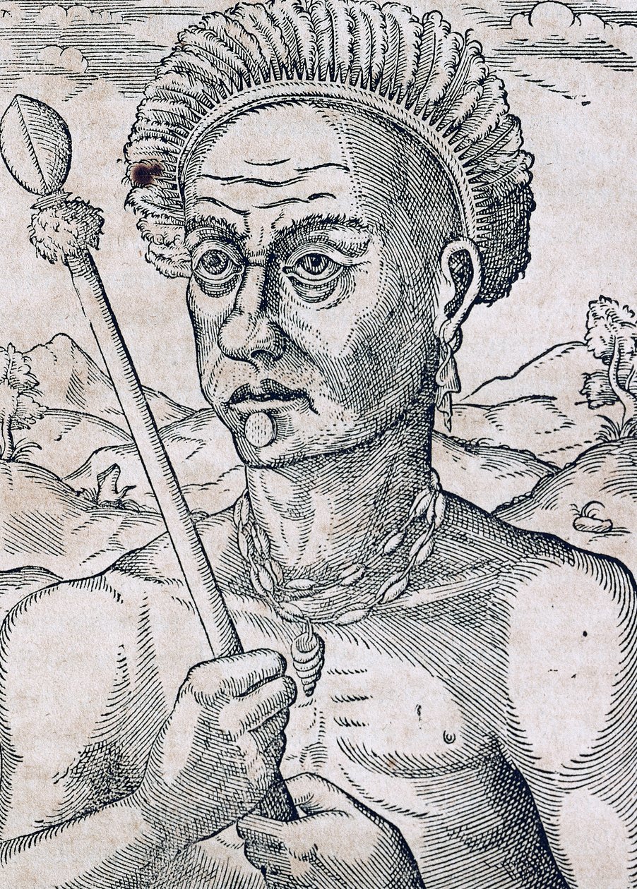 Quoniambec király, Brazília, metszet az Egyetemes Kozmológiából, Andre Thevet (1504-1592), Párizs alkotó: Andre Thevet