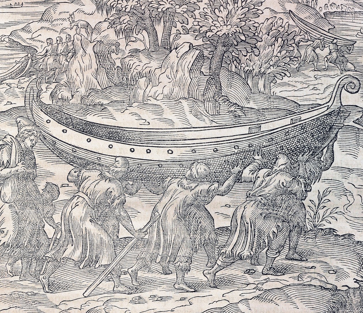 Lappföldiek, akik hajóikat egyik helyről a másikra hordják, metszet az Egyetemes Kozmológiából, Andre Thevet (1504-1592), Párizs alkotó: Andre Thevet