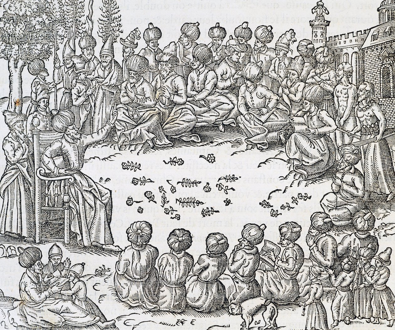 Törökök és arabok találkozása, Marokkó, metszet az Egyetemes Kozmológiából, Andre Thevet (1504-1592), Párizs alkotó: Andre Thevet