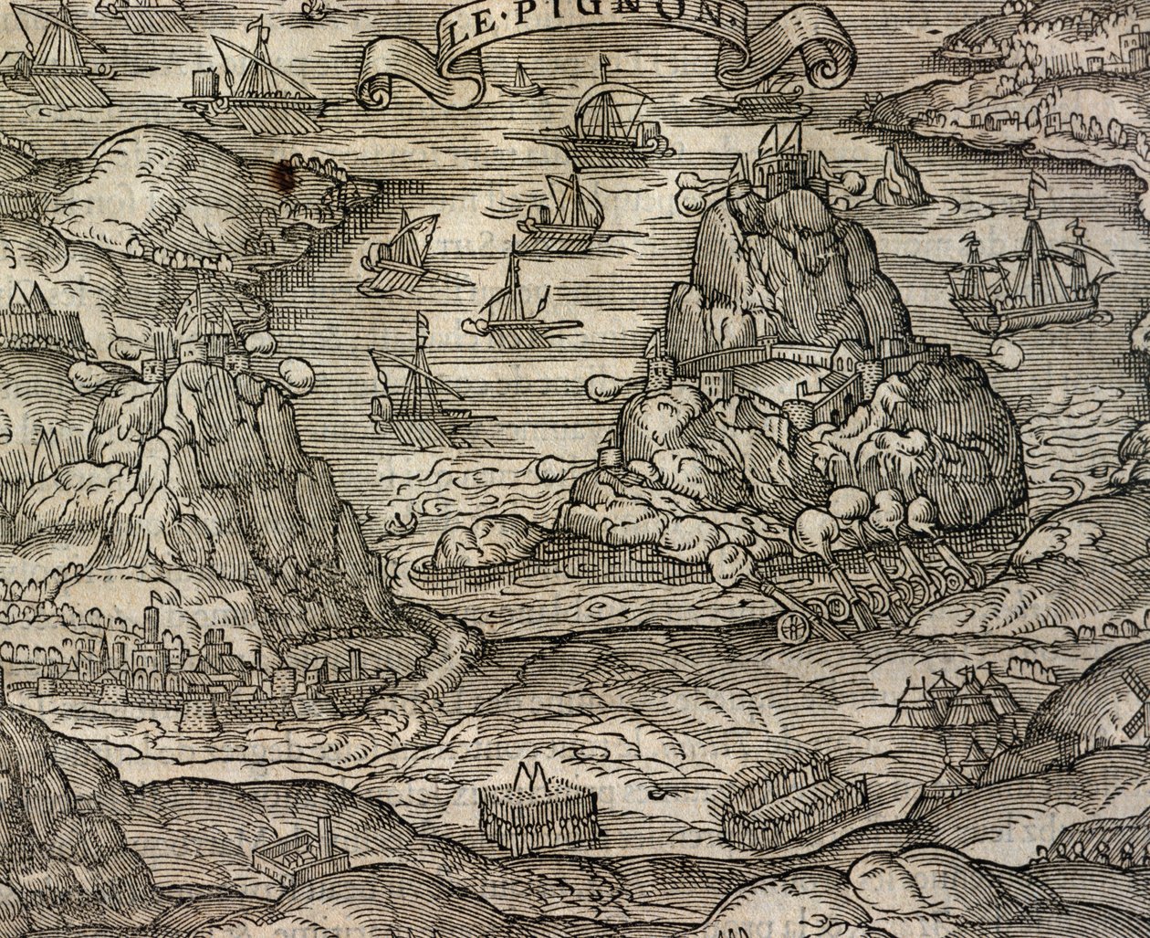 Tengerészeti csata Le Pignon sziget közelében, metszet a Cosmographie universelle-ből, Andre Thevet (1504-1592), Párizs alkotó: Andre Thevet