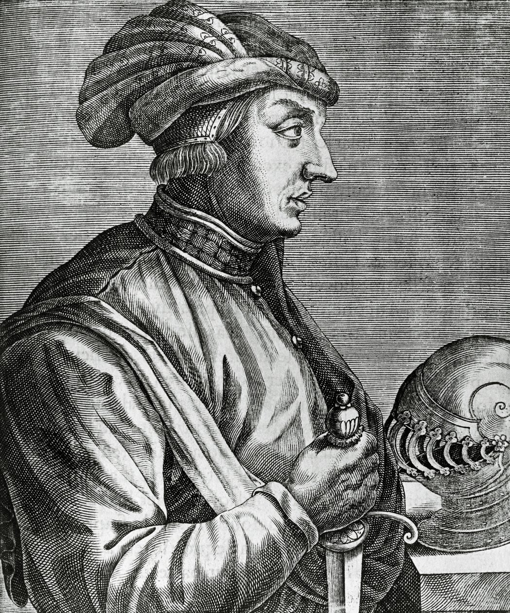 Castruccio Castracani (kb. 1281-1328), Lucca urának portréja, metszet A híres férfiak igaz portréi és élete című könyvéből alkotó: Andre Thevet