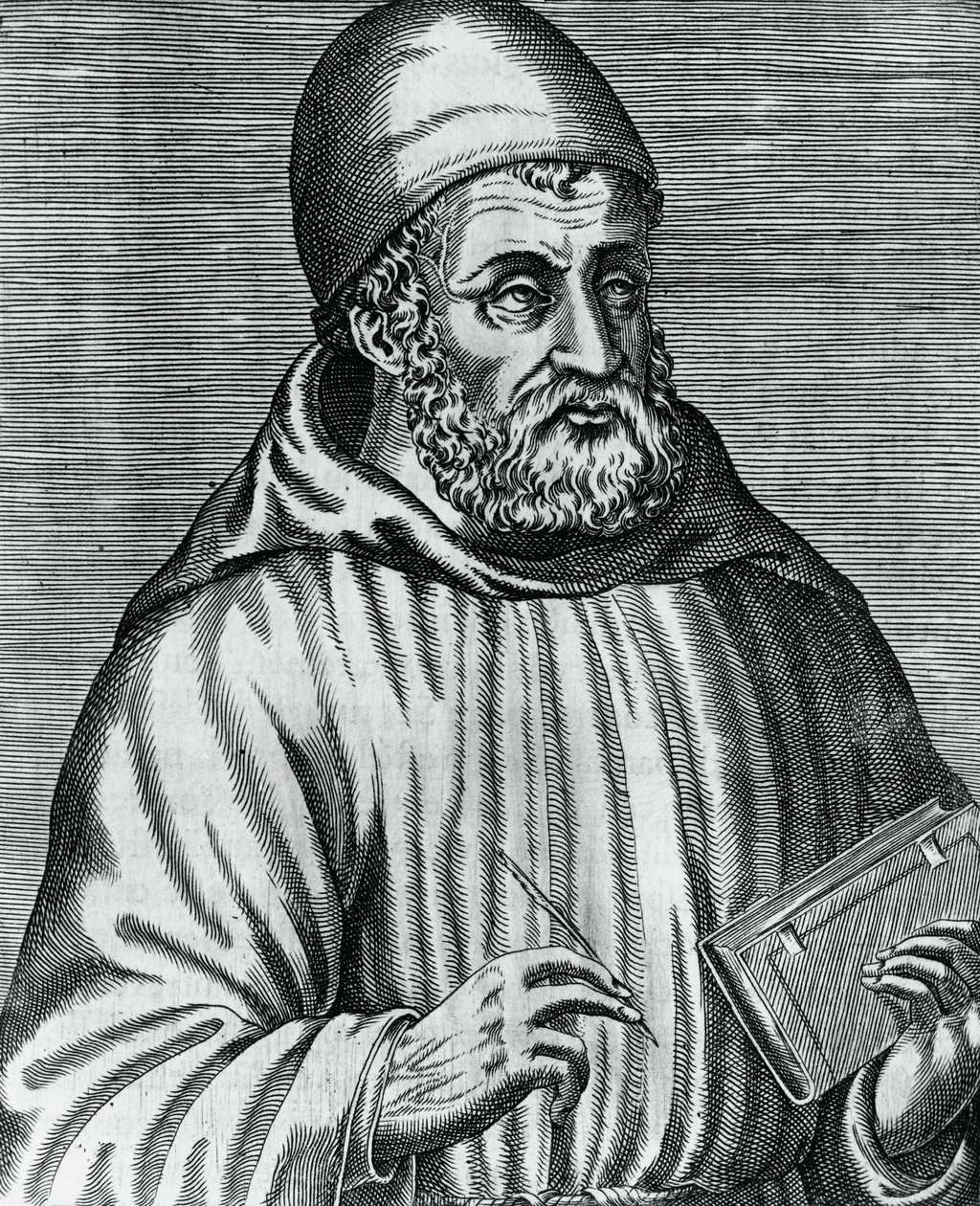 John Duns, közkeletű nevén Duns Scotus (1265 vagy 1266-1308), skót filozófus és teológus portréja, Andre Thevet (1504-1592) metszetei A híres görög, latin és pogány férfiak igazi portréi és élete című könyvéből. alkotó: Andre Thevet
