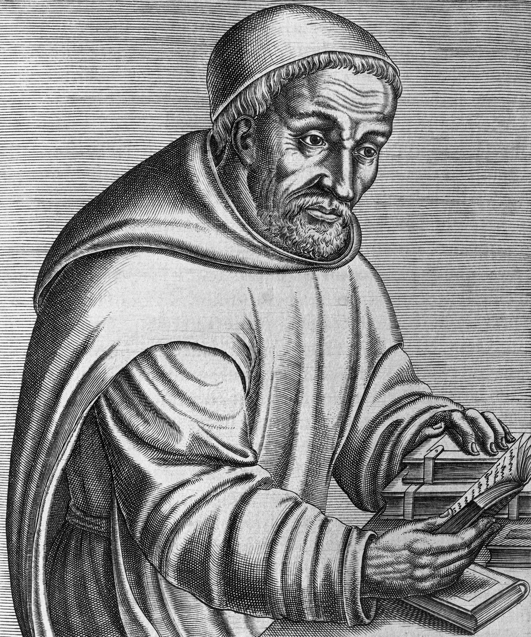 Rabanus Maurus Magnentius (meghalt 856-ban) német bencés szerzetes és teológus portréja, a Les vrais pourtraits et vies des hommes illustrés grecz, latins et pagans metszete, Andre Thevet alkotó: Andre Thevet