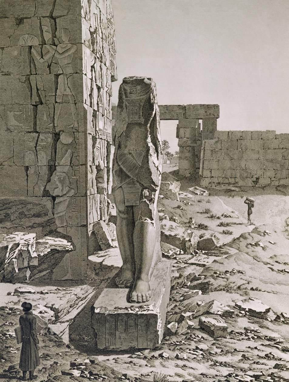 Kilátás a Kolosszusra a thébai karnaki palota hipostílusú termeinek bejáratánál, az "Egyiptom leírása" III. kötetének 20. táblája, Baltard metszet, 1822 (akvatinta) alkotó: Andre after Dutertre