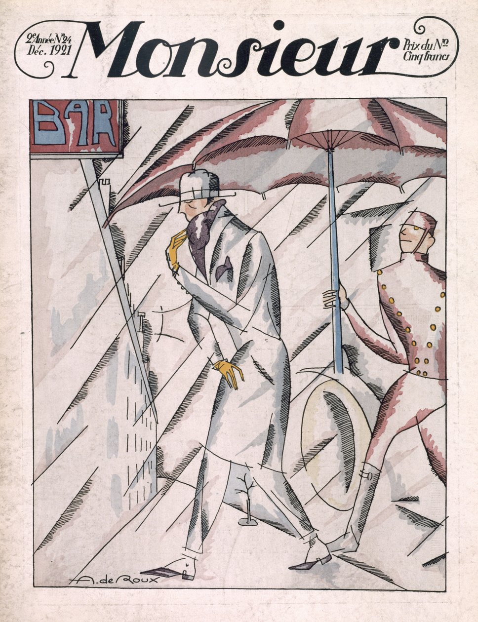 Esőkabátos férfi a „Monsieur” magazin címlapján, 24. szám, kocsma. 1921. december (pochoir print) alkotó: Andre de Roux