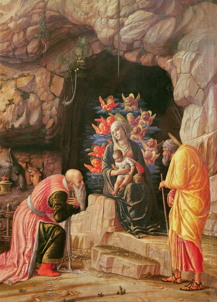 A bölcsek imádása triptichon, részlet az imádásról: Szűz Mária, Szent József és egy bölcs, 1466 körül, (tempura, tábla) alkotó: Andrea Mantegna