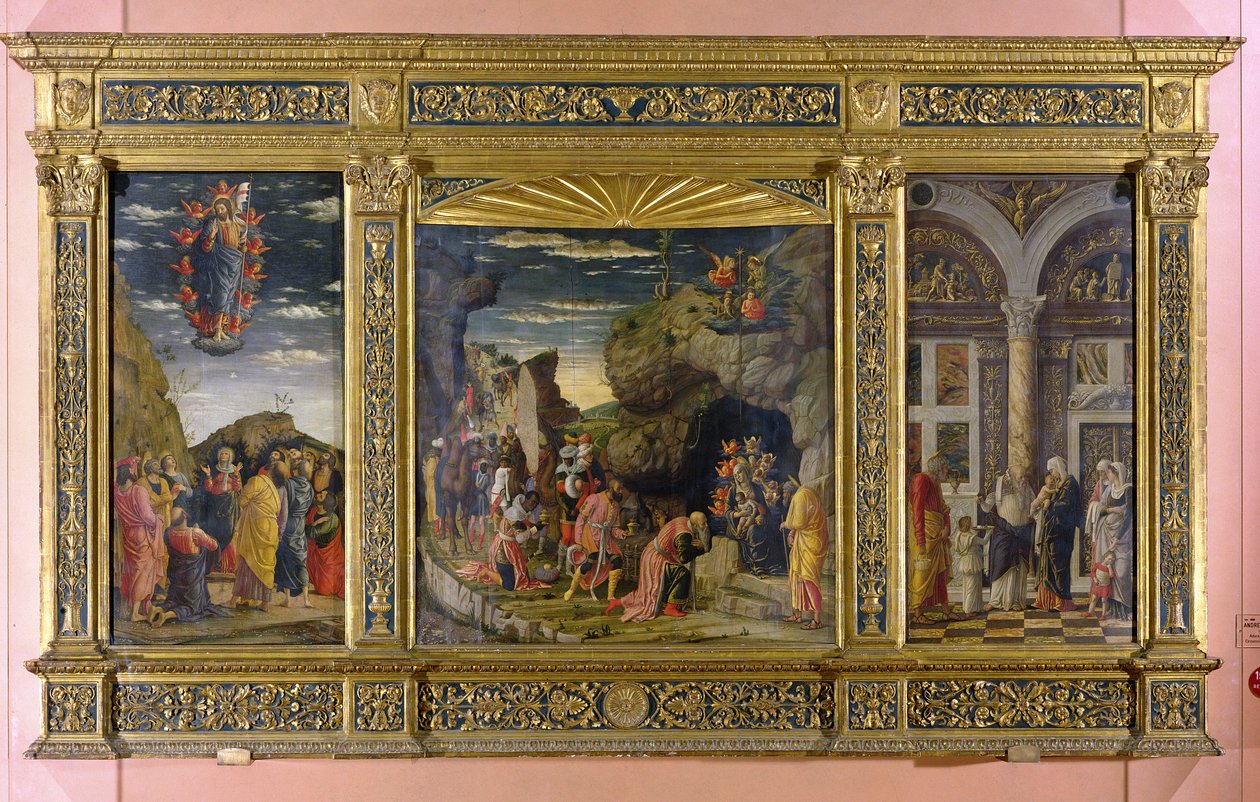 Oltárkép, amely a Mennybemenetelt, a Mágusok imádását és a körülmetélést ábrázolja, 1463-64 körül (tempera a táblán) alkotó: Andrea Mantegna