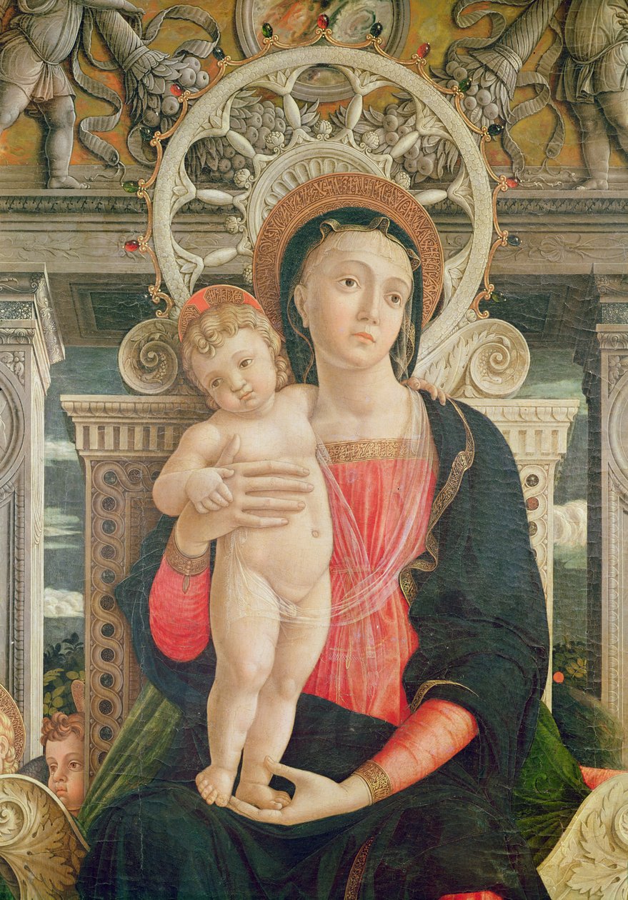 Veronai Szent Zénón oltárképe, a központi tábla részlete, amely a Szűzanya és Krisztus Gyermekét ábrázolja, 1456-60 (237994. részlet) alkotó: Andrea Mantegna